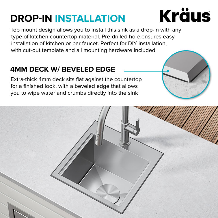 Kore 15" Stainless Steel Single Basin Bar Sink with Bamboo Cutting Board