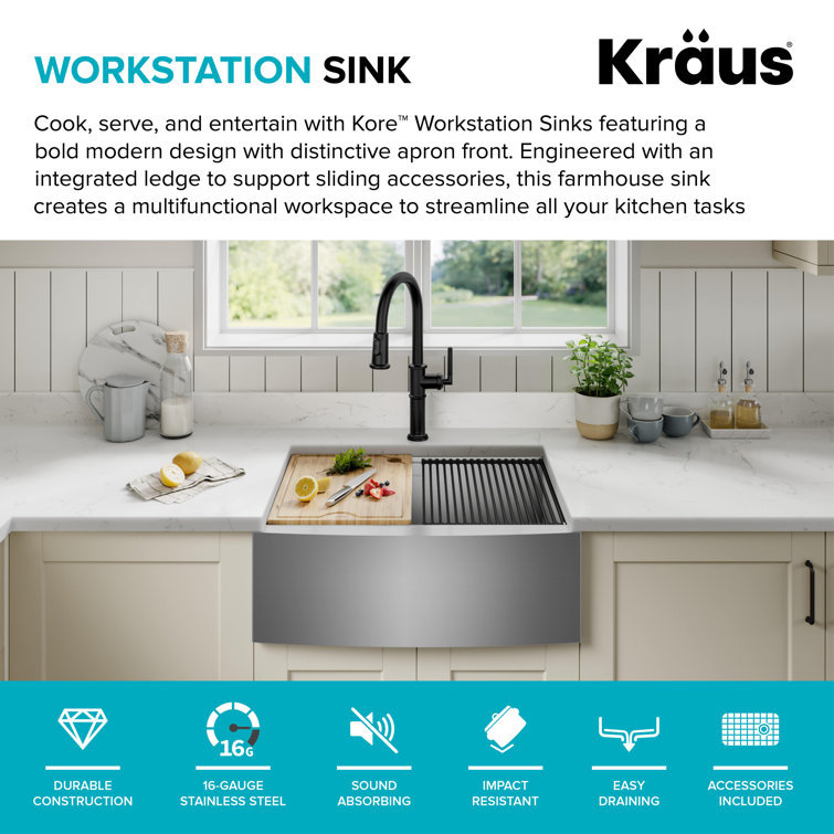 Kore 27-Inch Stainless Steel Farmhouse Workstation Sink