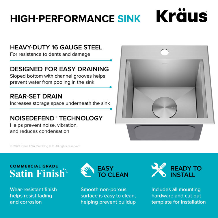 Kore 15" Stainless Steel Single Basin Bar Sink with Bamboo Cutting Board