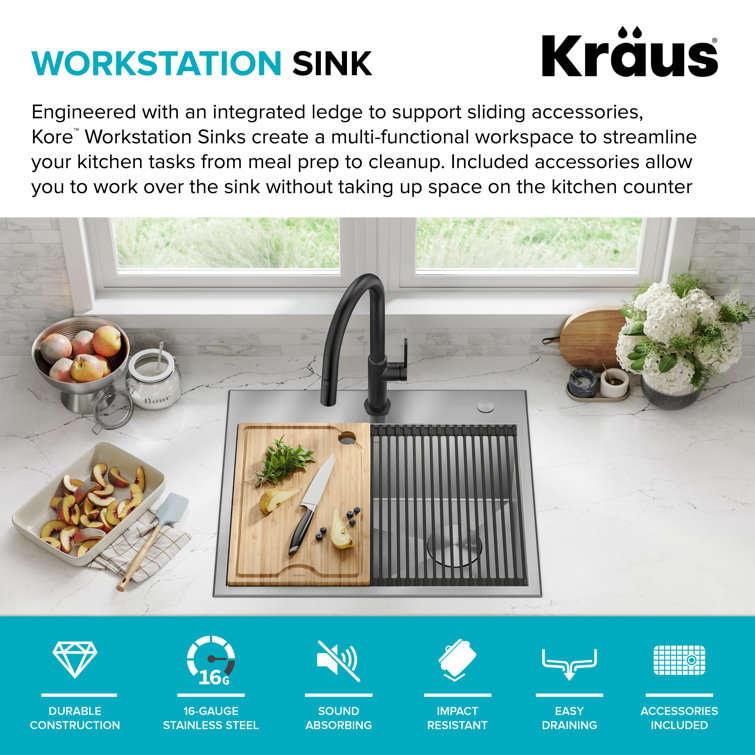 Kore 25-Inch Stainless Steel Drop-In Single Bowl Kitchen Sink with Accessories