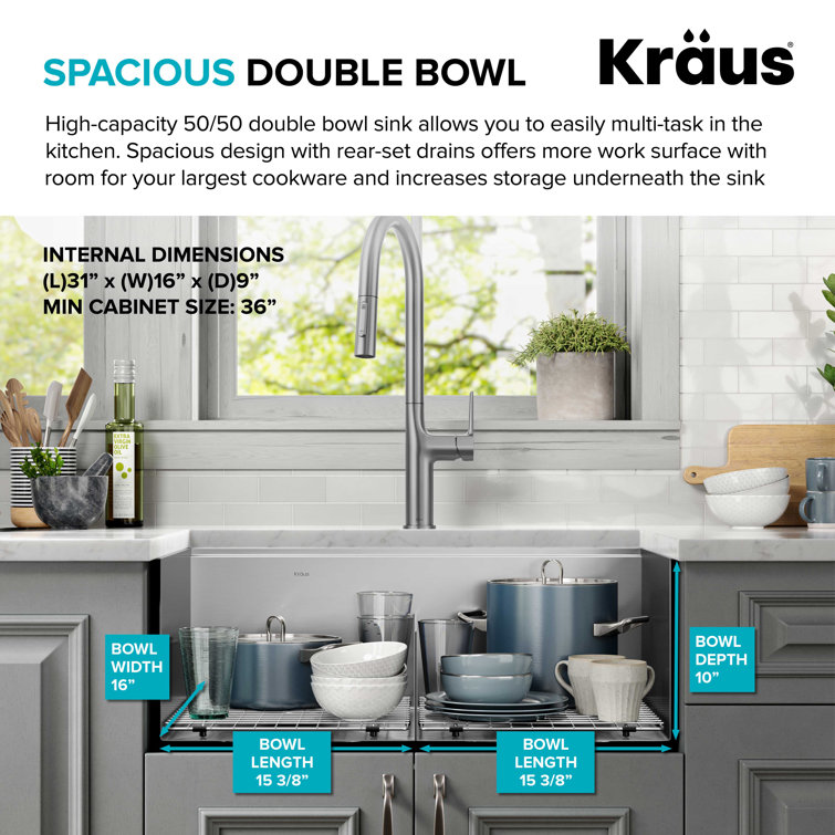 Kore 33-Inch Stainless Steel Undermount Double Bowl Kitchen Sink with Accessories