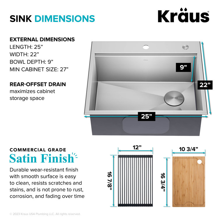 Kore 25-Inch Stainless Steel Drop-In Single Bowl Kitchen Sink with Accessories