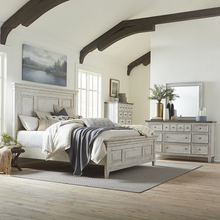 White Queen Panel Bed with Dresser and Mirror Set