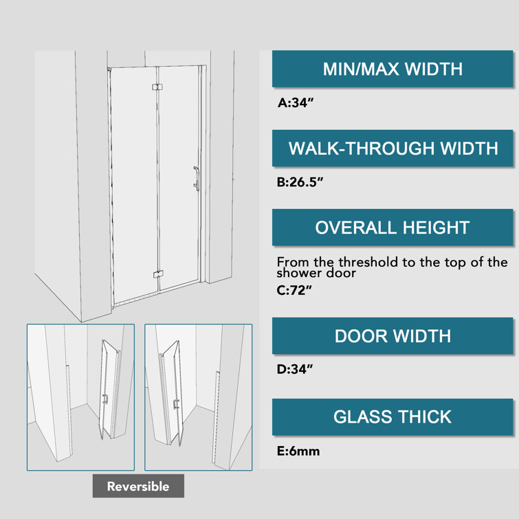 34'' x 72'' Matte Black Semi-Frameless Pivot Shower Door