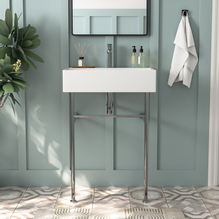 White Ceramic Rectangular Wall-Mount Console Sink with Stainless Steel Legs