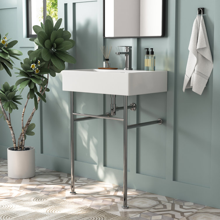 White Ceramic Rectangular Wall-Mount Console Sink with Stainless Steel Legs