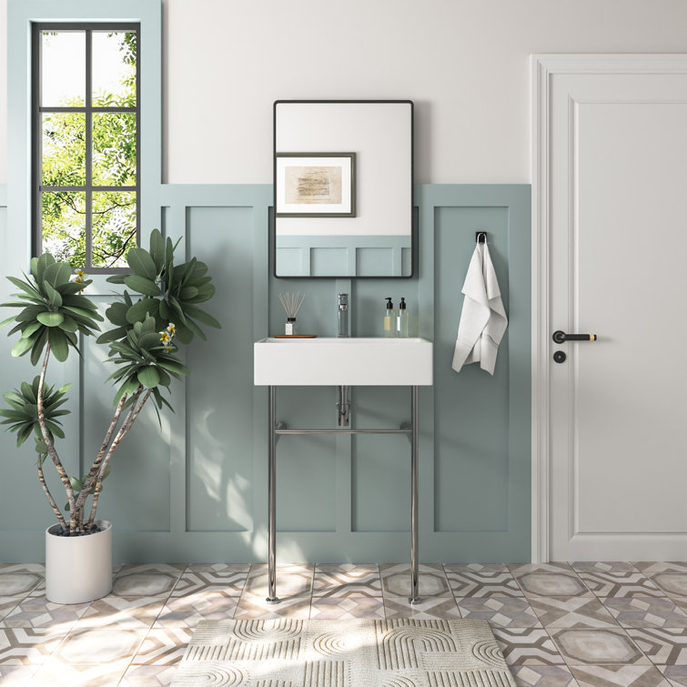 White Ceramic Rectangular Wall-Mount Console Sink with Stainless Steel Legs