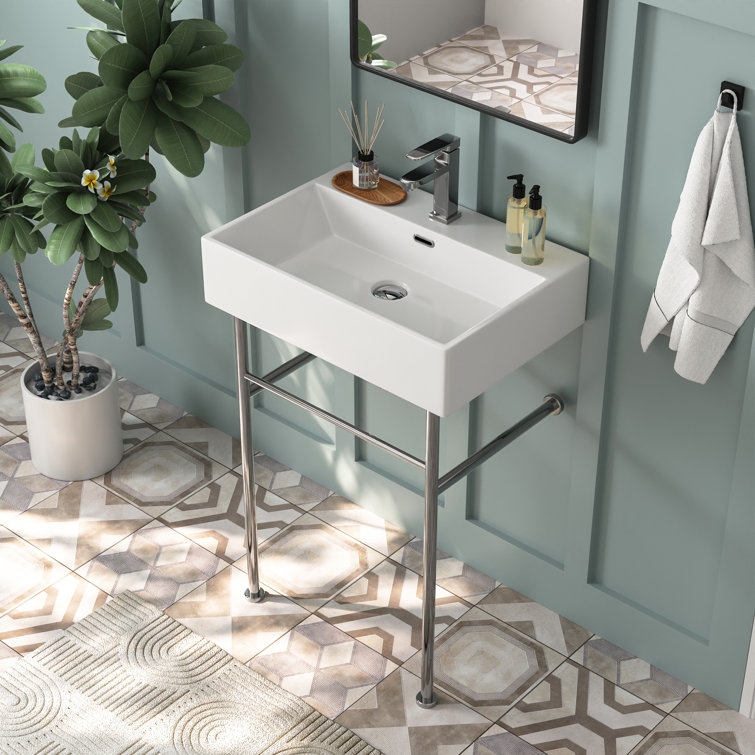 White Ceramic Rectangular Wall-Mount Console Sink with Stainless Steel Legs