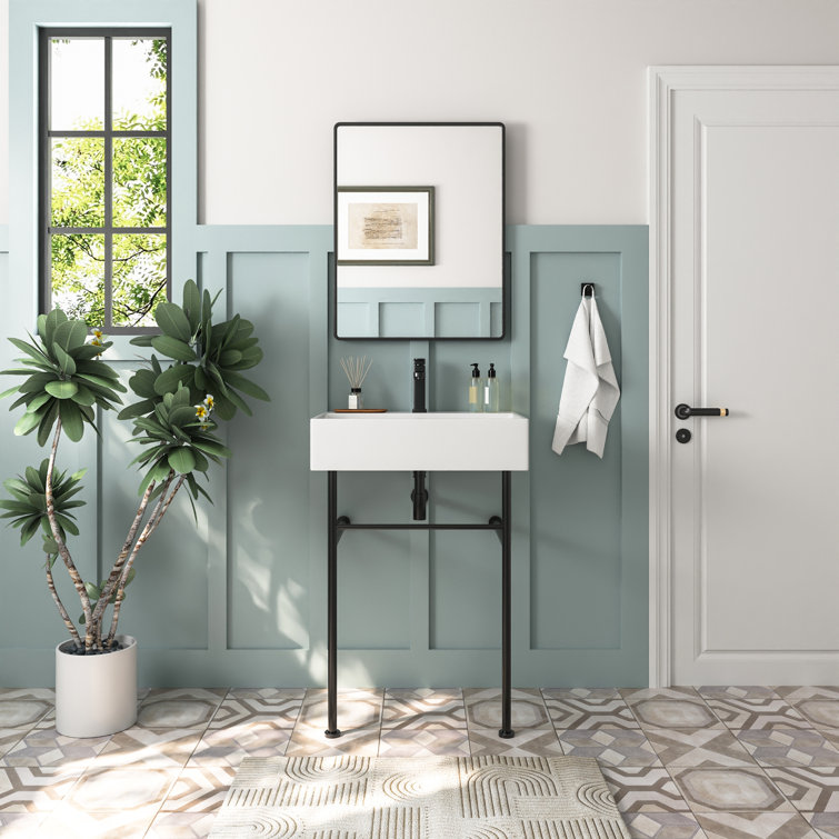 24" White Ceramic Console Bathroom Sink with Black Legs