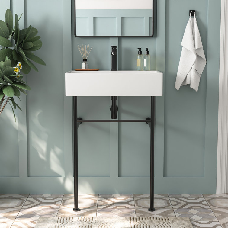24" White Ceramic Console Bathroom Sink with Black Legs