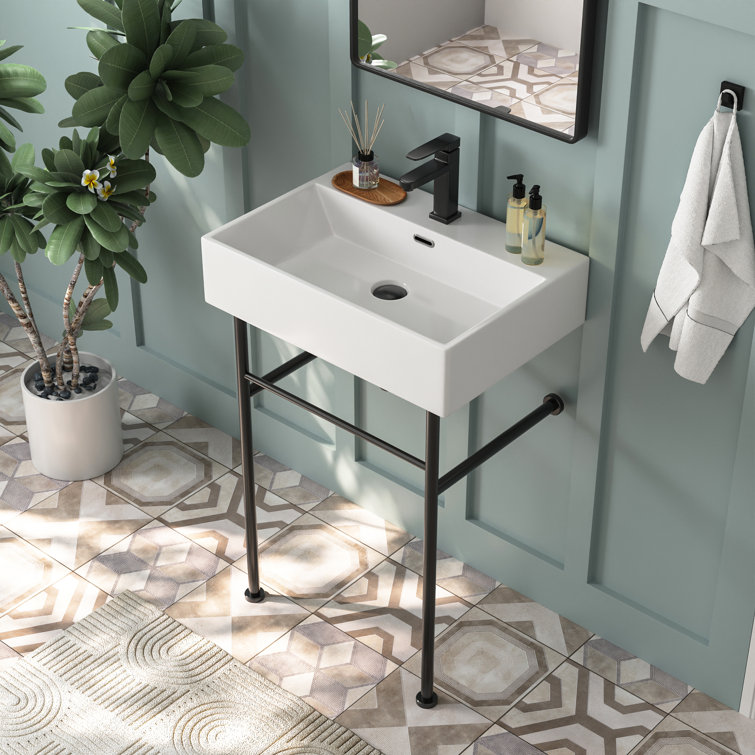 24" White Ceramic Console Bathroom Sink with Black Legs
