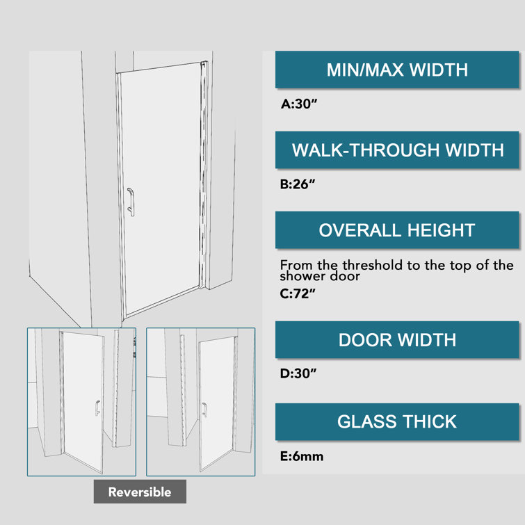 Chrome 30'' x 72'' Semi-Frameless Pivot Shower Door with Clear Glass