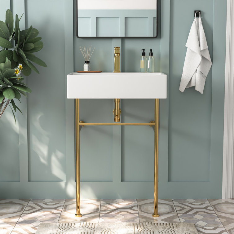 White Ceramic Rectangular Console Sink with Gold Legs