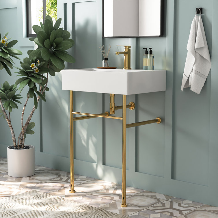 White Ceramic Rectangular Console Sink with Gold Legs