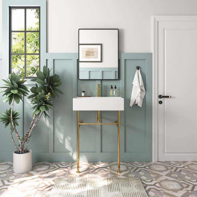 White Ceramic Rectangular Console Sink with Gold Legs