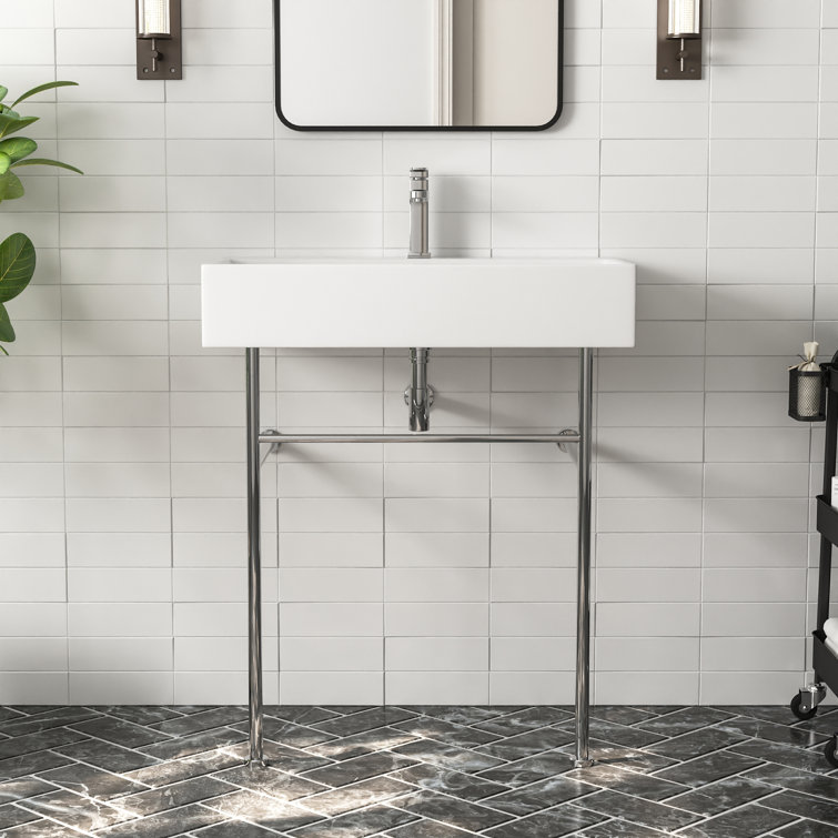 Rectangular 30 Inch White Ceramic Console Sink with Silver Legs