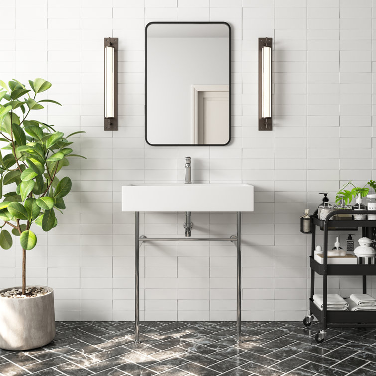 Rectangular 30 Inch White Ceramic Console Sink with Silver Legs
