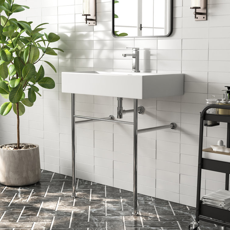 Rectangular 30 Inch White Ceramic Console Sink with Silver Legs