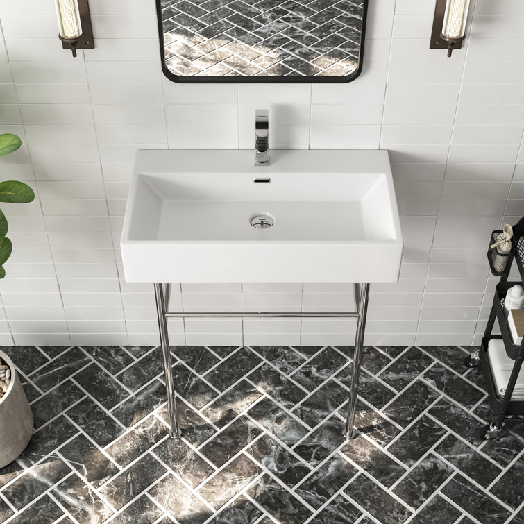 Rectangular 30 Inch White Ceramic Console Sink with Silver Legs