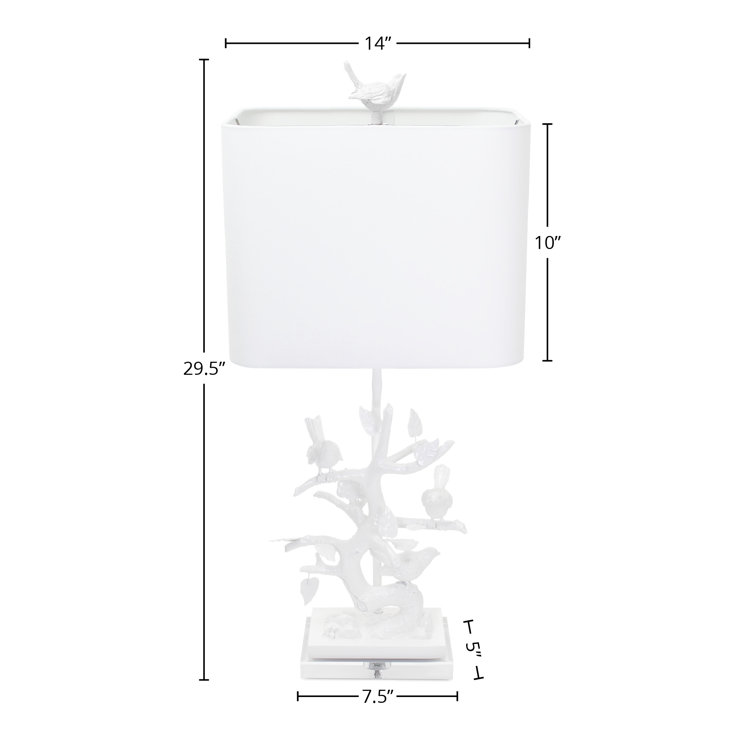 White Resin Bird Branch Table Lamp with Linen Shade