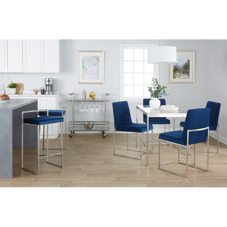 Sleek Stainless Steel Counter Stool with Blue Velvet Cushion - Set of 2