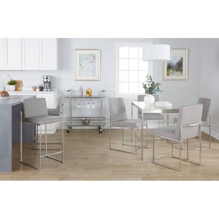 Fuji 31'' Stainless Steel & Grey Fabric High Back Counter Stool - Set of 2