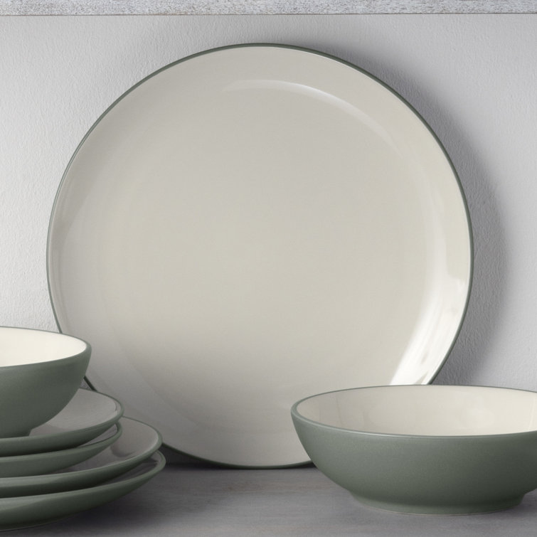 Green and Cream Ceramic Matte Dinner Plates, Set of 4