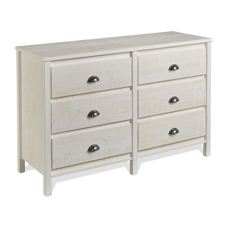 Farmhouse Baja Double 6-Drawer Dresser in Shabby White with Felt-Lined Drawers