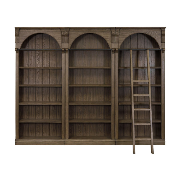 Brown Wood 8' Tall Bookcase Wall with Ladder