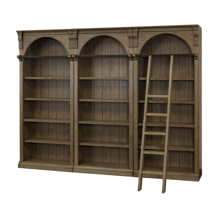 Brown Wood 8' Tall Bookcase Wall with Ladder