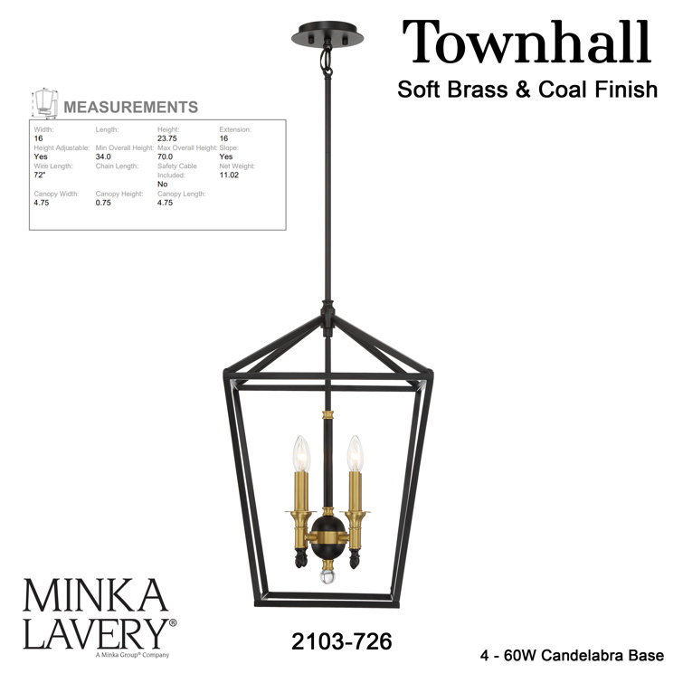 Elegant Coal and Soft Brass 4-Light Pendant for Indoor/Outdoor
