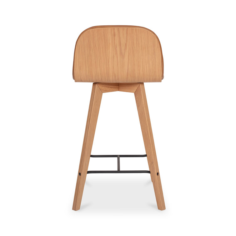 Brown Genuine Leather and Oak Counter Stool with Metal Footrest