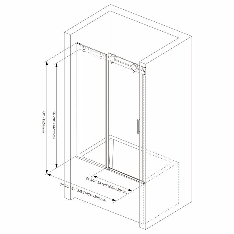 59" Black Aluminum Frameless Sliding Tub Door with Clear Tempered Glass