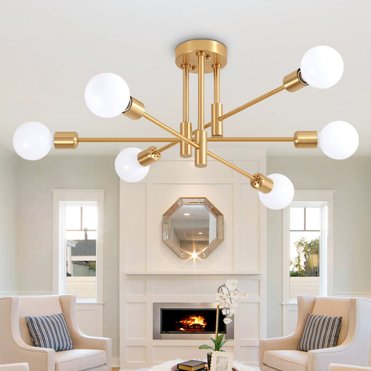 Gold 6-Light Sputnik Semi-Flush Mount Ceiling Fixture