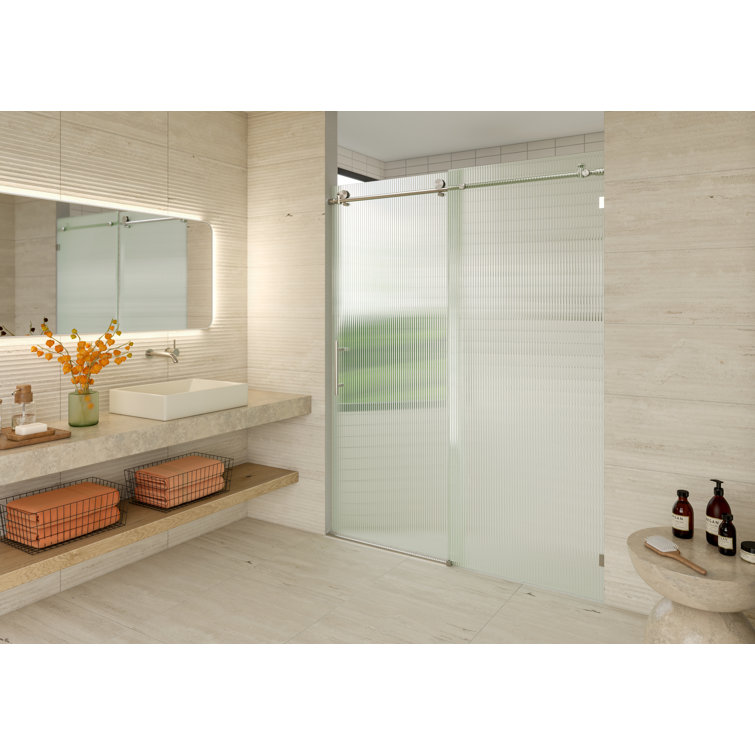 Galaxy 60 in. x 78 in. Frameless Fluted Glass Sliding Shower Door in Brushed Nickel