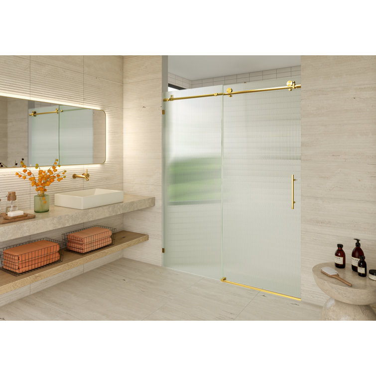 Galaxy 60" x 78" Frameless Fluted Glass Sliding Shower Door in Satin Brass