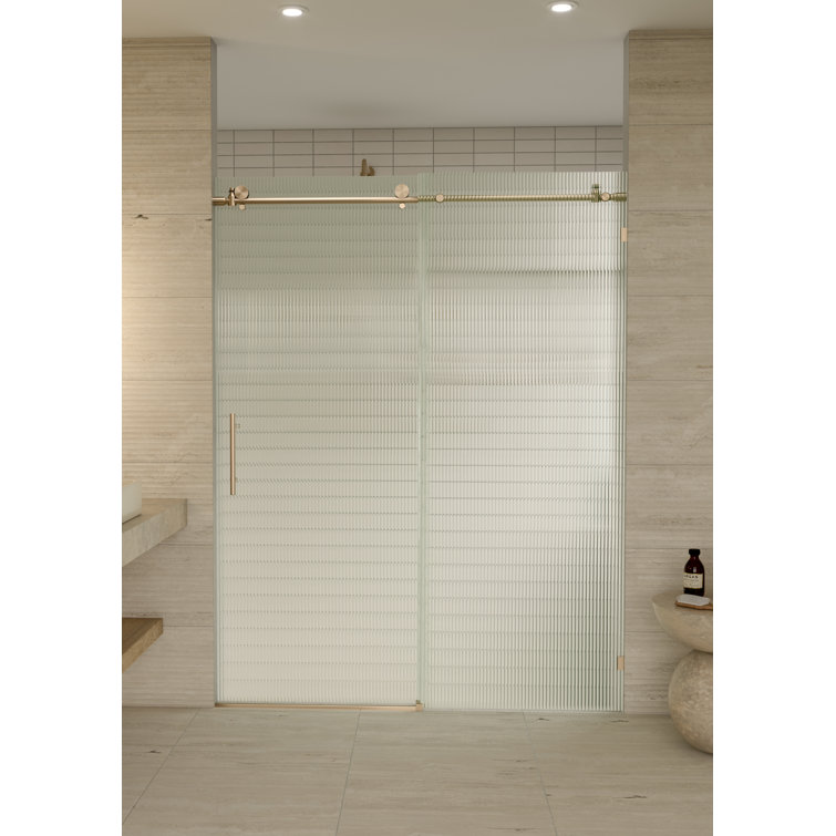 Galaxy 56-60 in. x 78 in. Frameless Fluted Glass Sliding Shower Door in Brushed Bronze