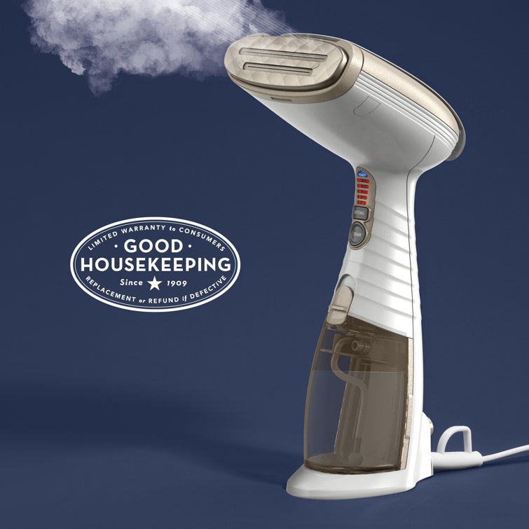 White and Champagne Handheld Fabric Steamer with Aluminum Sole Plate