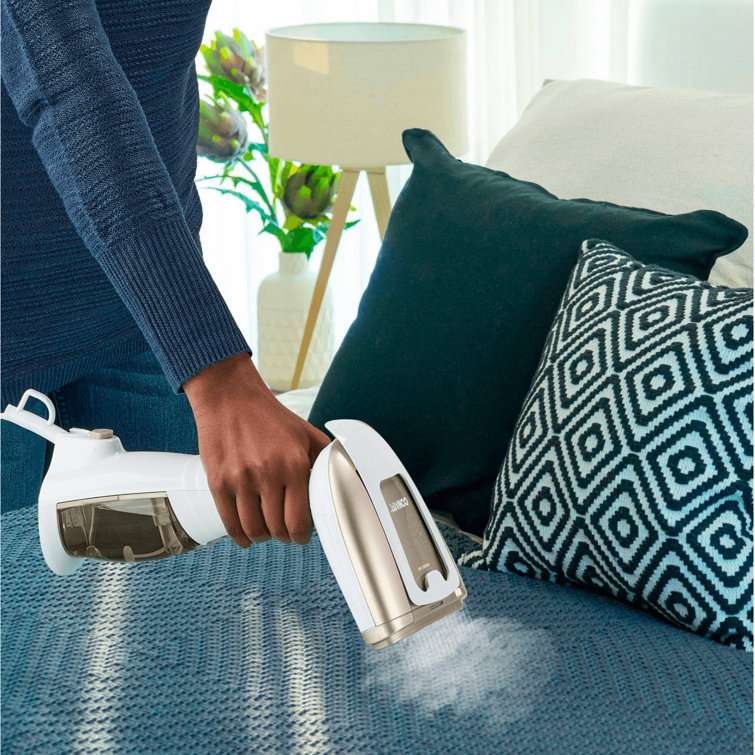 White and Champagne Handheld Fabric Steamer with Aluminum Sole Plate