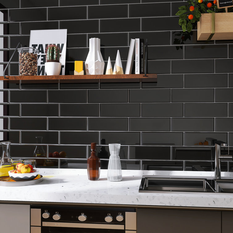 Black 4'' x 12'' Glass Mosaic Subway Tile for Kitchen and Bathroom