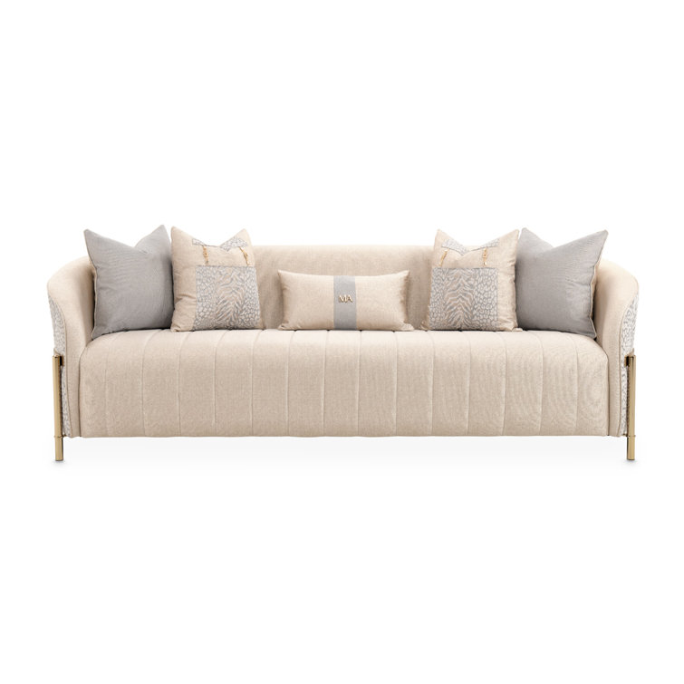 Lisbon 98'' Beige Chenille Round Arm Sofa with Gold Accents