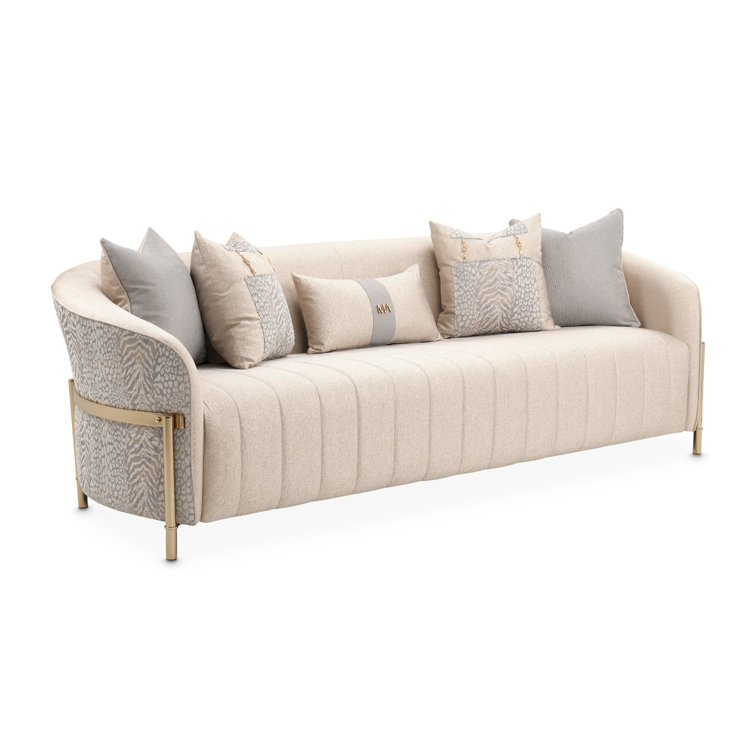 Lisbon 98'' Beige Chenille Round Arm Sofa with Gold Accents