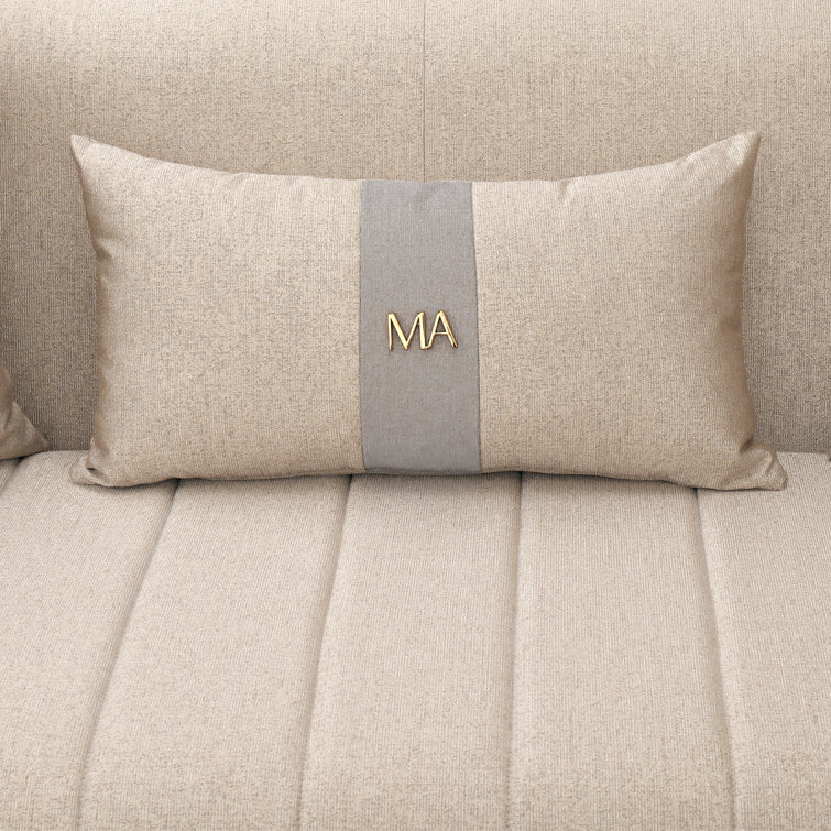 Lisbon 98'' Beige Chenille Round Arm Sofa with Gold Accents