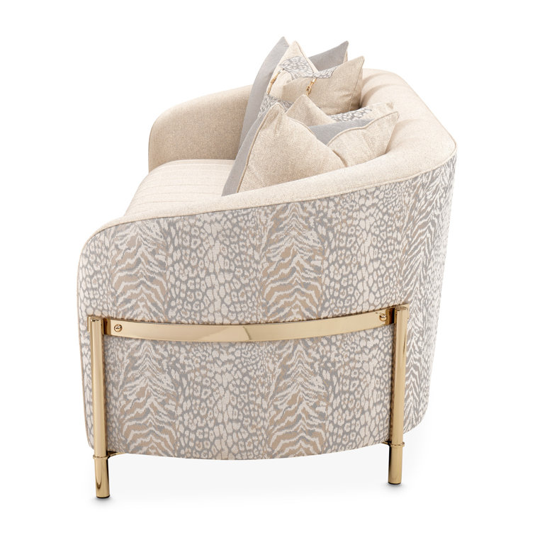 Lisbon 98'' Beige Chenille Round Arm Sofa with Gold Accents