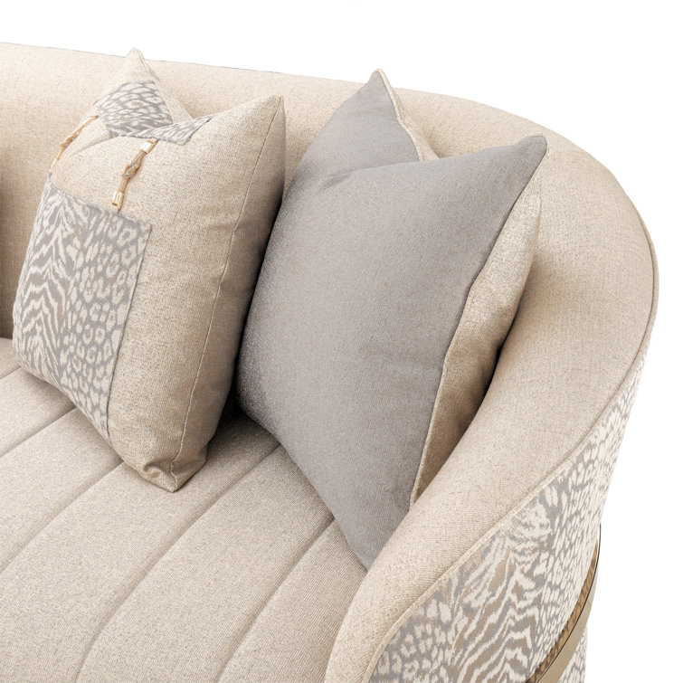 Lisbon 98'' Beige Chenille Round Arm Sofa with Gold Accents