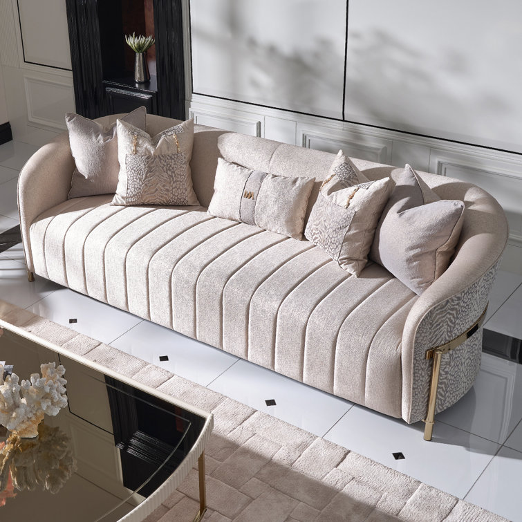 Lisbon 98'' Beige Chenille Round Arm Sofa with Gold Accents