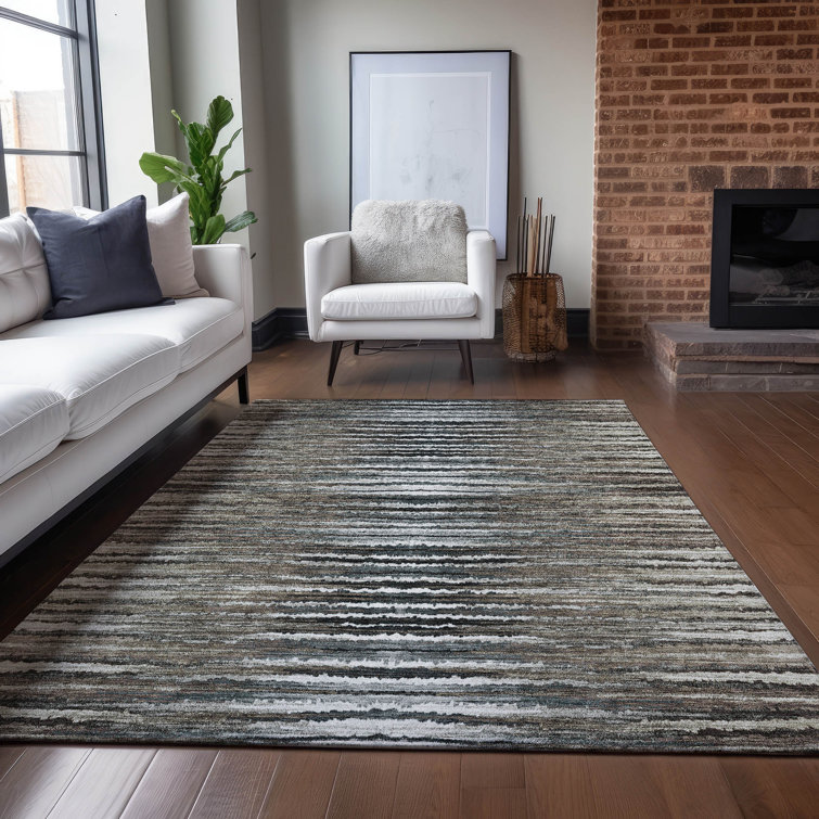 Rectangular Gray and White Synthetic Striped Indoor/Outdoor Rug