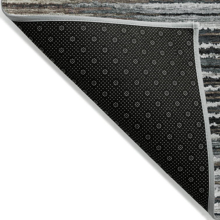 Rectangular Gray and White Synthetic Striped Indoor/Outdoor Rug