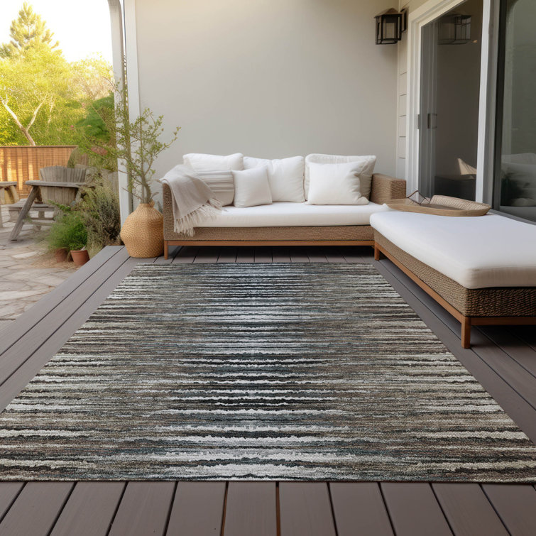 Rectangular Gray and White Synthetic Striped Indoor/Outdoor Rug