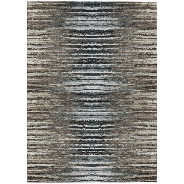 Rectangular Gray and White Synthetic Striped Indoor/Outdoor Rug